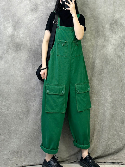 Women Spring Vintage Pure Color Loose Jumpsuits