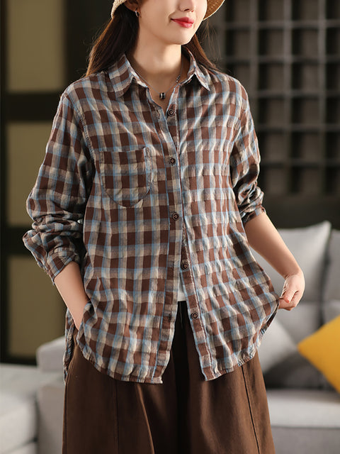 Women Artsy Plaid Turn-down Collar 100%Cotton Shirt