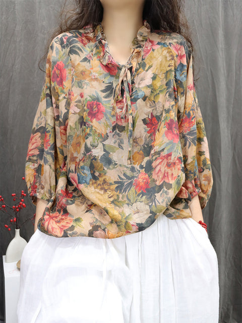 Women Artsy Flower Lace Collar 100%Ramie Shirt