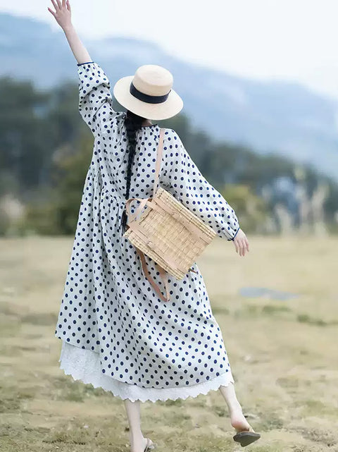 Women Artsy Spring Dot Lace Collar Linen Loose Dress