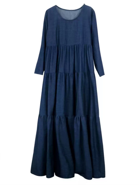 Women Spring O-Neck Denim Tiered Maxi Dress