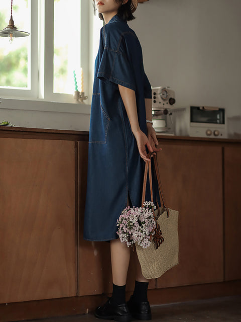 Women Spring Casual Pure Color Turn-down Collar Dress