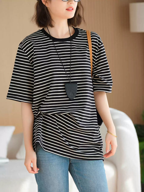 Women Summer Casual Stripe Cotton O-Neck Shirt