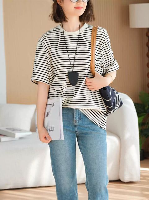 Women Summer Casual Stripe Cotton O-Neck Shirt