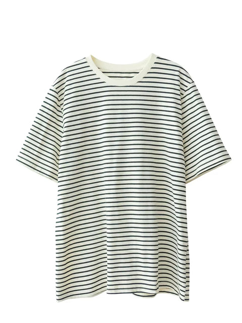 Women Summer Casual Stripe Cotton O-Neck Shirt