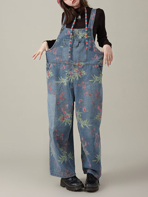 Women Summer Casual Flower Denim Wide-leg Jumpsuits