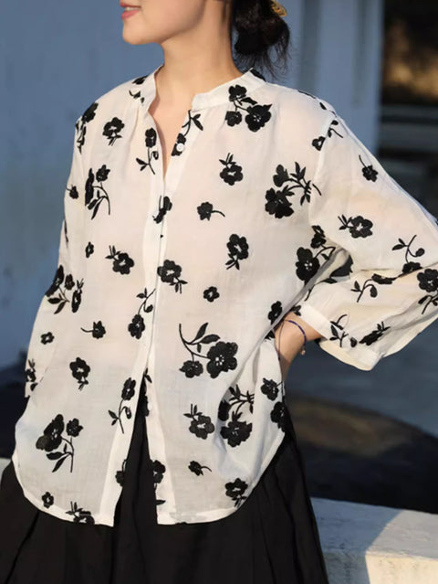 Women Artsy Spring Flower Embroidery 100%Ramie Shirt