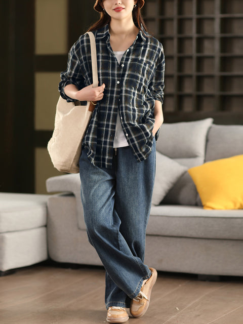 Women Artsy Spring Plaid Linen Turn-down Collar Shirt