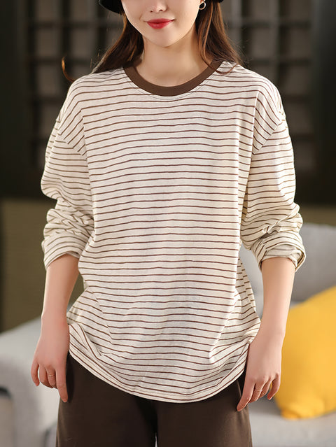 Women Spring Stripe Colorblock Cotton O-Neck Shirt