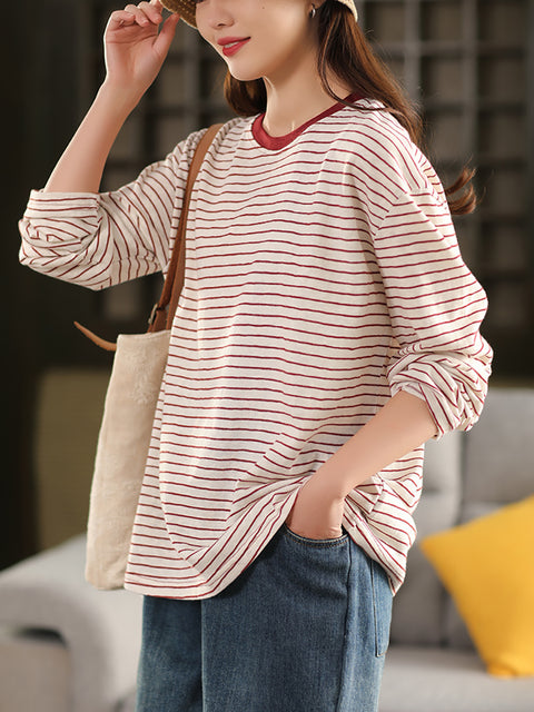 Women Spring Stripe Colorblock Cotton O-Neck Shirt