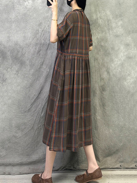 Women Summer Retro Plaid Cotton Loose Dress