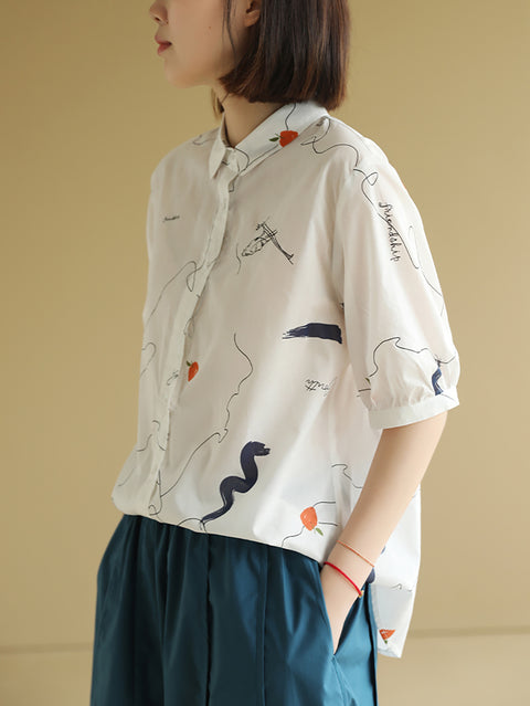 Women Summer Doodle Cotton Turn-down Collar Shirt