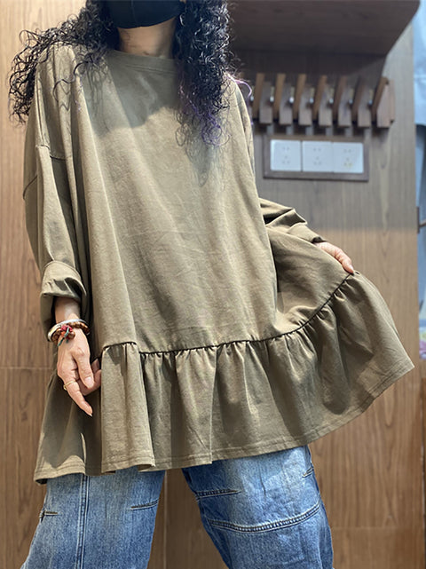 Women Spring Pure Color Ruffles Hem Cotton Shirt