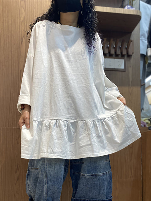 Women Spring Pure Color Ruffles Hem Cotton Shirt