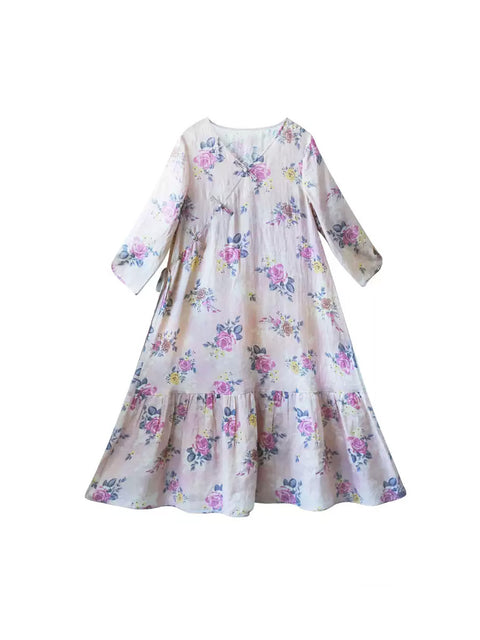 Women Summer Flower Button V-Neck 100%Ramie Dress