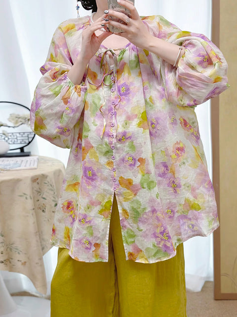 Women Spring Artsy Flower Ramie O-Neck Shirt