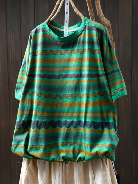 Women Summer Vintage Stripe Cotton O-Neck Shirt