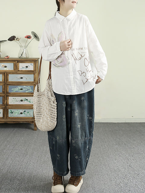 Women Spring Retro Jacquard Denim Spliced Pants