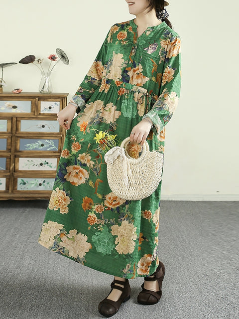 Women Vintage Flower Cotton V-Neck Loose Dress