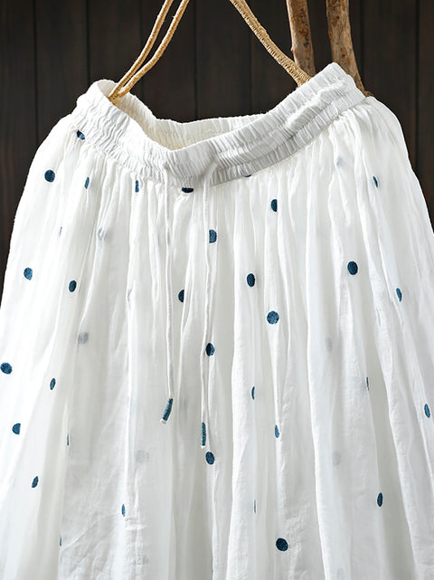 Women Summer Dot A-Shape 100%Ramie Skirt