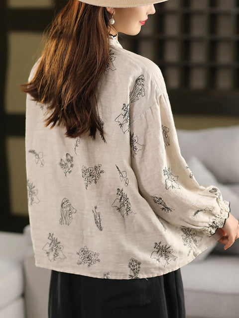 Women Spring Flower Embroidery 100%Linen Lace Collar Shirt