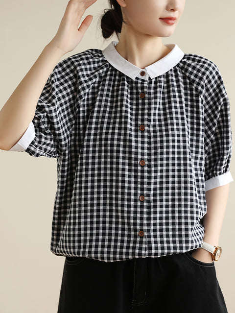 Women Summer Artsy Colorblock Plaid Shirt