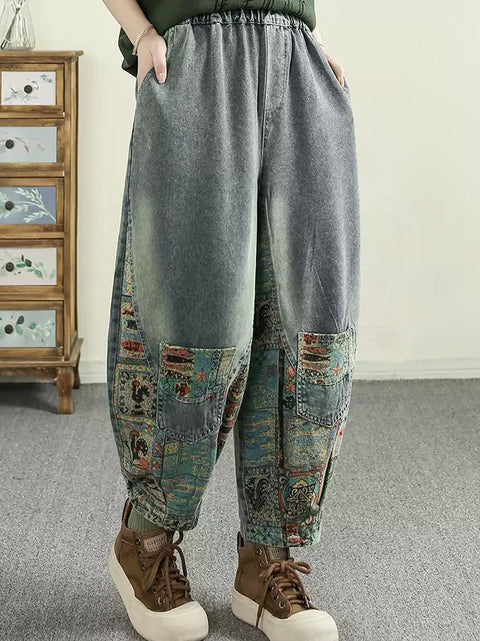 Women Spring Retro Patch Spliced Harem Denim Pants