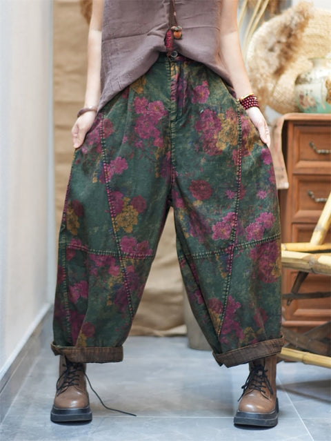 Women Spring Retro Flower Cotton Harem Pants