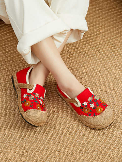 Women Summer Flower Embroidery Linen Spliced Straw Shoes