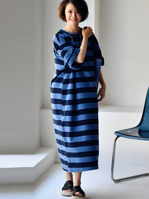 Plus Size Women Casual Stripe Loose Maxi Dress