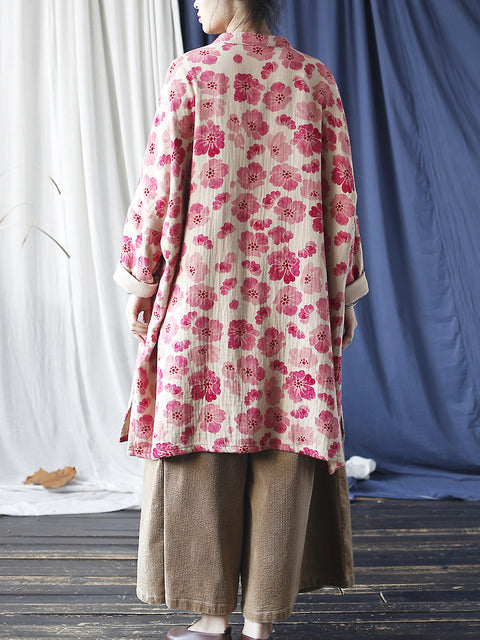 Women Vintage Spring Flower Buckle Robe Long Shirt