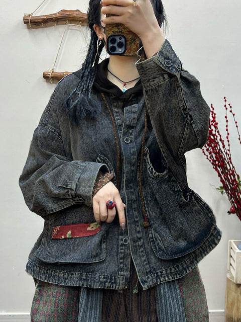 Plus Size Women Spring Retro Irregular Patch Pocket Denim Coat