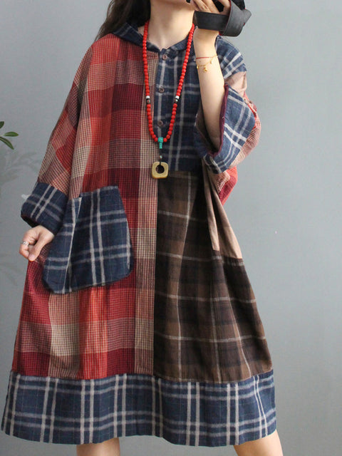 Plus Size Retro Plaid Big Pocket Hooded Dress