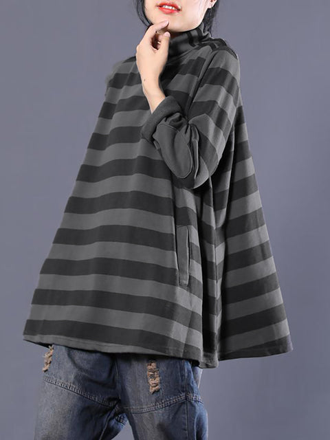 Plus Size Women Casual Stripe Turtleneck Sweatshirt