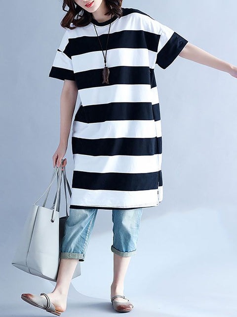 Plus Size Women Casual Striped O-Neck Short Sleeve Loose Dress