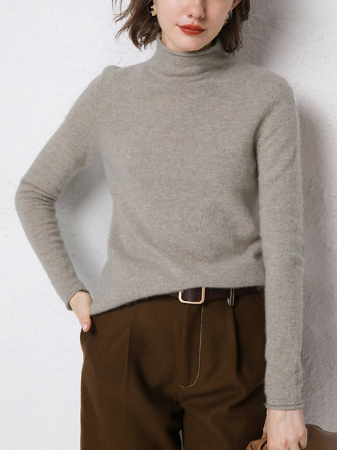 Women Autumn Solid Half High Collar 100%Wool Sweater