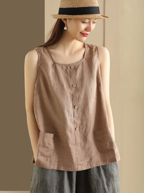 Plus Size Women Summer Solid Loose Button Pocket 100%Linen Vest