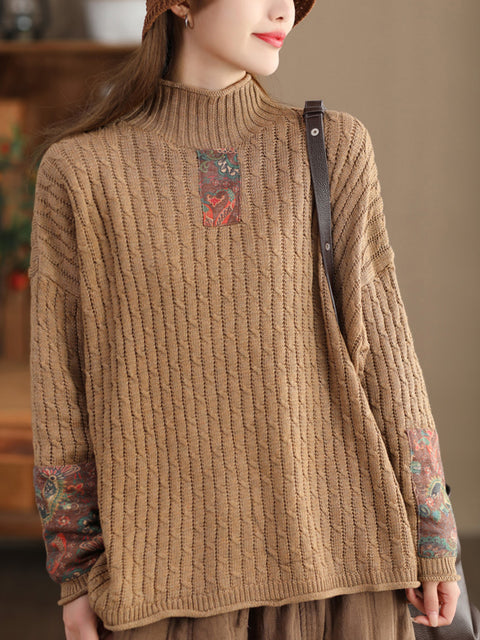 Women Retro Patch Spliced Knitted Turtleneck Sweater