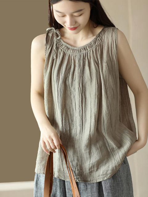 Plus Size Women Retro Solid Loose Drawstring Ramie Vest