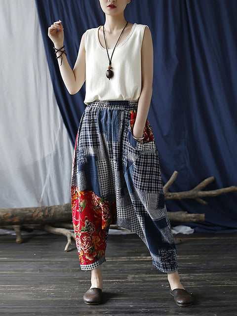 Plus Size Patchwork Plaid Women Casual Elastic Waist Pants