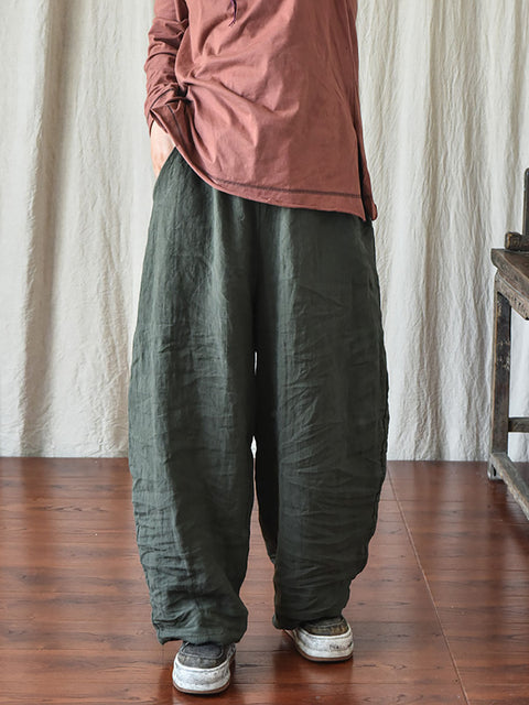 Plus Size Women Casual Solid Loose Elastic Waist Linen Pants