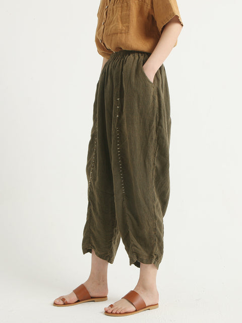 Linen Vintage Women Elastic Waist Loose Pants