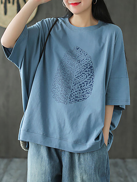 Plus Size - Leaf Printed Summer Half Sleeve Cotton T-shirt