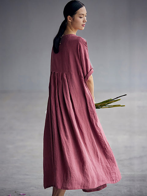 Plus Size Chinese Style Elegant Pleated Loose Linen Dress