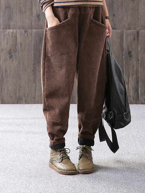 Plus Size Winter Warm Solid Color Corduroy Pants