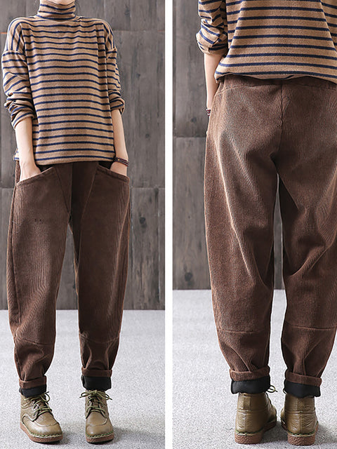 Plus Size Winter Warm Solid Color Corduroy Pants