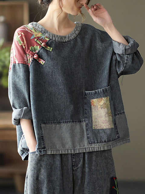 Plus Size Women Retro Stitching Patchwork Print Floral Denim Sweatshirt