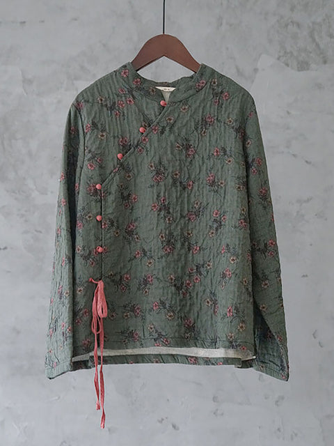 Plus Size - 100% Cotton Floral Retro Lace-up Sweatshirt