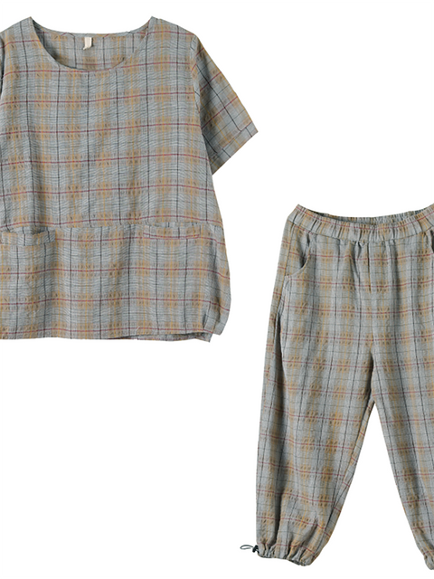 Plus Size Linen Plaid Drawstring Two Pieces Sets M-3XL