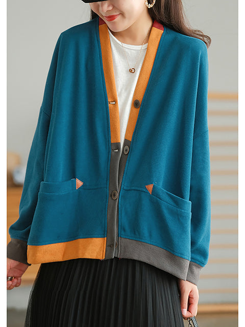 Plus Size Color Contrast Pocket Breasted Long Sleeve Coat